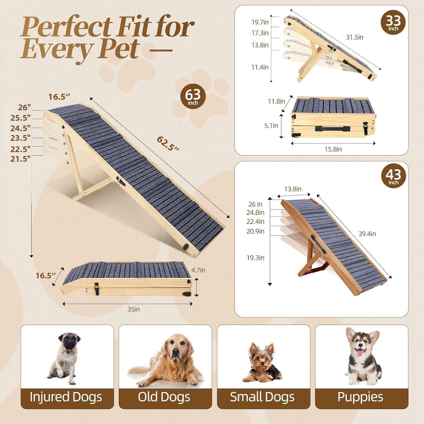 2026 Upgraded Dog Ramp for Couch & Low Bed, 33" L Folding Wood Pet Ramp 200LB Capacity, 4-Level Adjustable Height 11"-20", Non-Slip Sturdy Puppy Ramp for Small & Senior Dogs, Joint Relief, Wavy Design