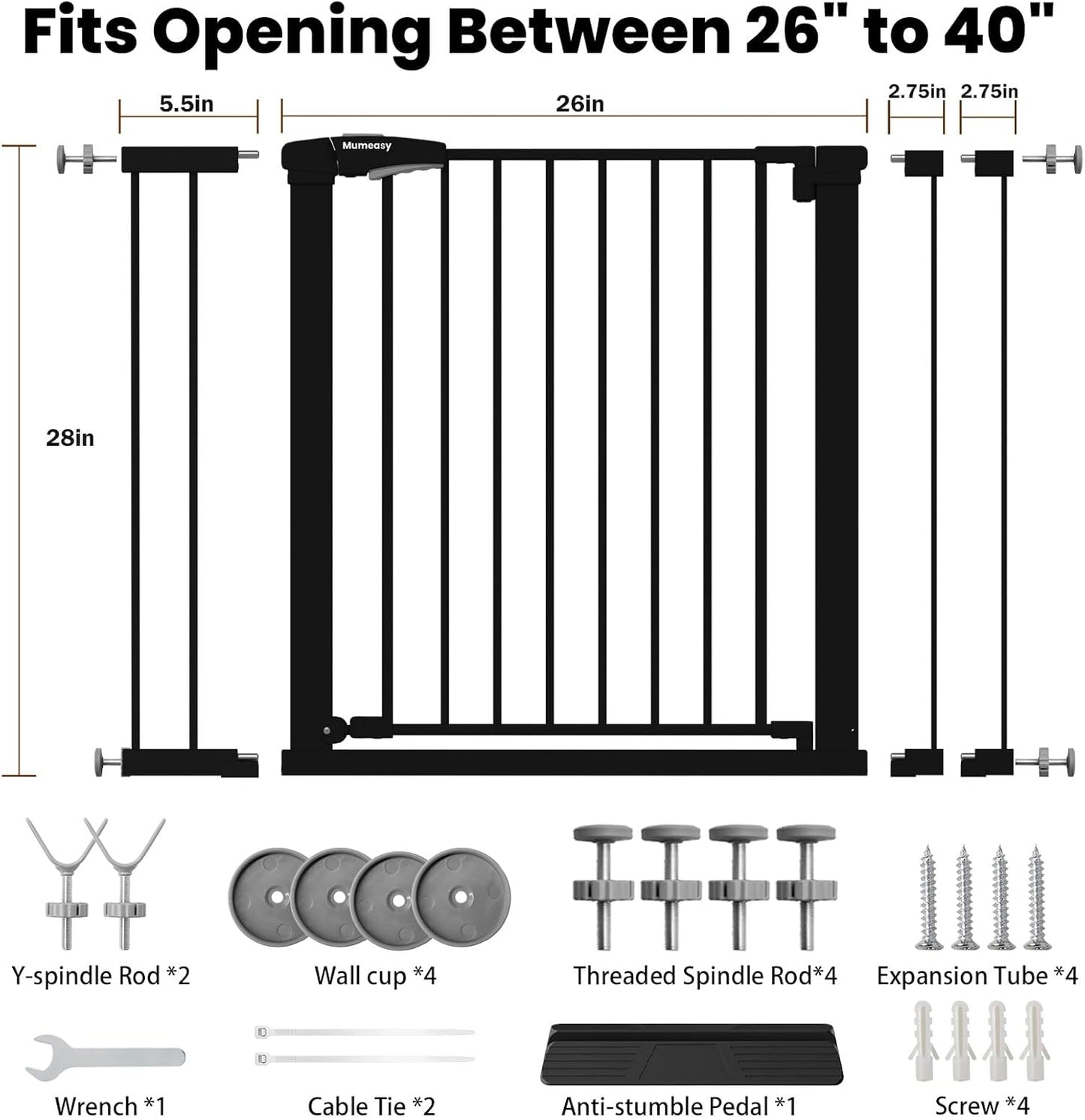 Baby Gate for Stairs, 29.7-40.6" Auto Close Dog Gate Indoor for Doorways, Dual-Lock Design, Adjustable Pet Gate No Drilling with Walk Thru Door for Hallways, Stroller Friendly, Black