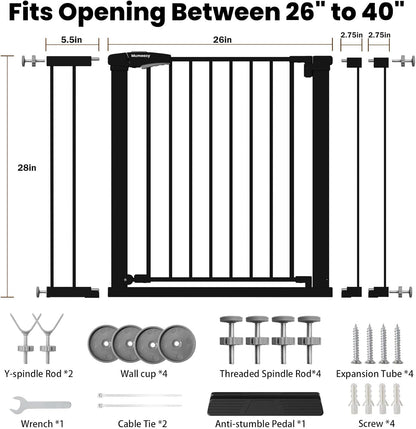 Baby Gate for Stairs, 29.7-40.6" Auto Close Dog Gate Indoor for Doorways, Dual-Lock Design, Adjustable Pet Gate No Drilling with Walk Thru Door for Hallways, Stroller Friendly, Black