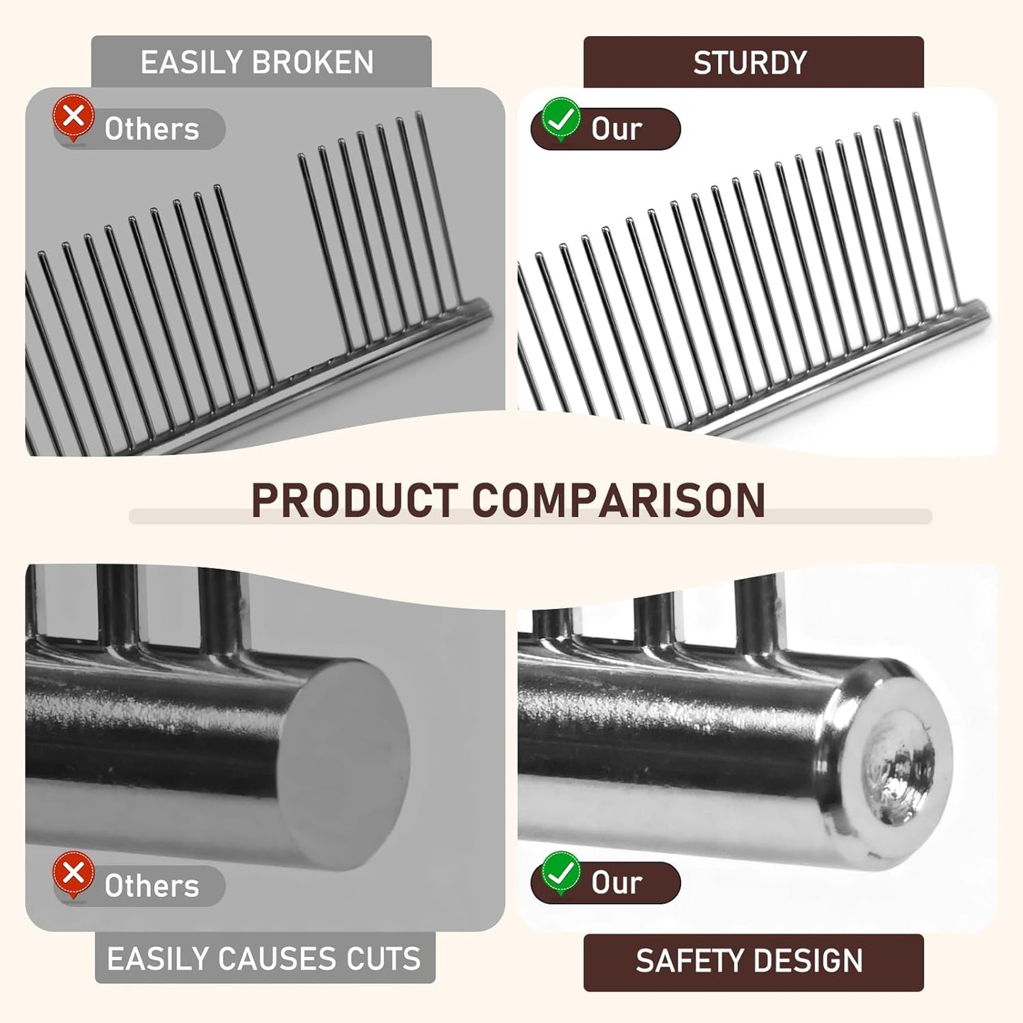 WRW Stainless Steel Dog Combs [4 Pcs], Groom Like a Professional, Coarse Pet Butter Comb for Dog ＆ Cat, Rounded Corners Prevent Friction and Breakage, 4 Sizes of Steel Teeth Fit Most Pet Fur