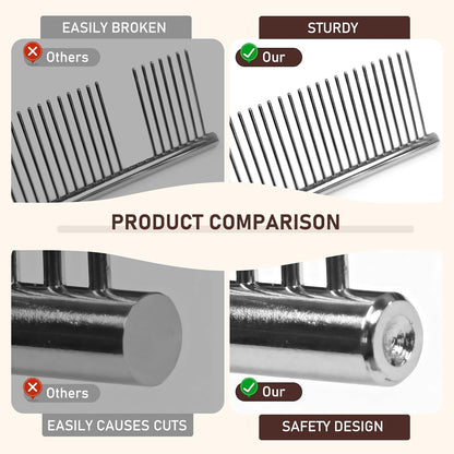 WRW Stainless Steel Dog Combs [4 Pcs], Groom Like a Professional, Coarse Pet Butter Comb for Dog ＆ Cat, Rounded Corners Prevent Friction and Breakage, 4 Sizes of Steel Teeth Fit Most Pet Fur