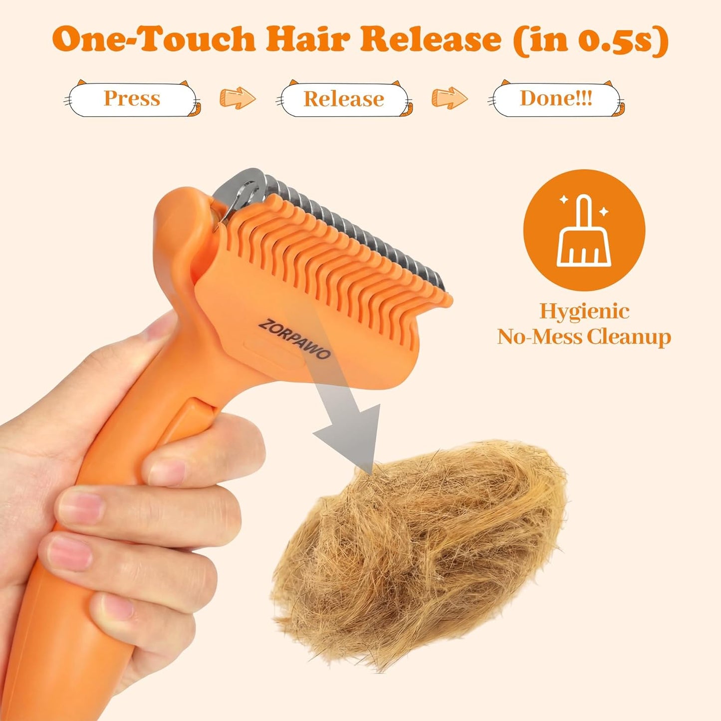 Undercoat Rake & Self-Cleaning Deshedding Brush for Dogs & Cats, Removes Mats & 95% Loose Hair, Grooming Tool for Long Hair Pets - Orange