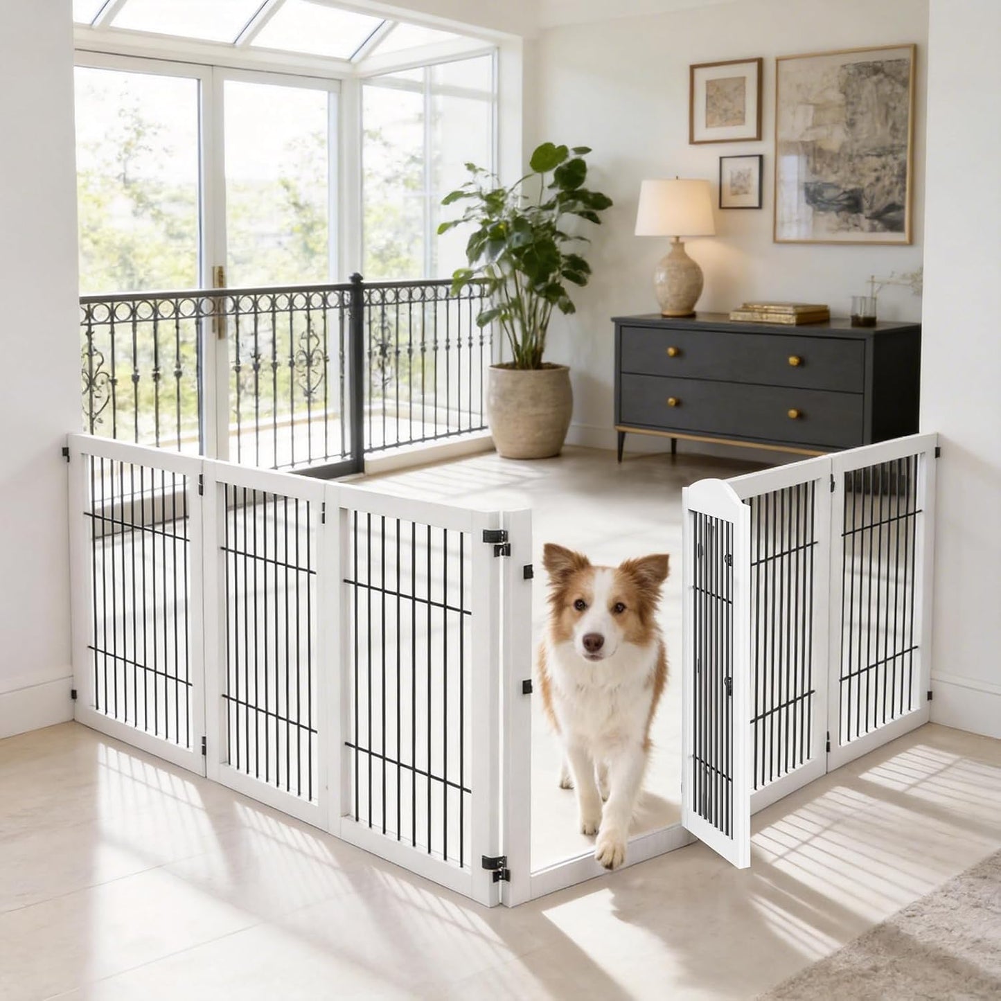 133 inch Extra Wide Dog Gate Indoor for The House, Doorway, Stairs, 31.5 inches Tall 6 Panels Free Standing Dog Gate with Door Walk Through, Puppy Playpen Safety Fence No-Assembly