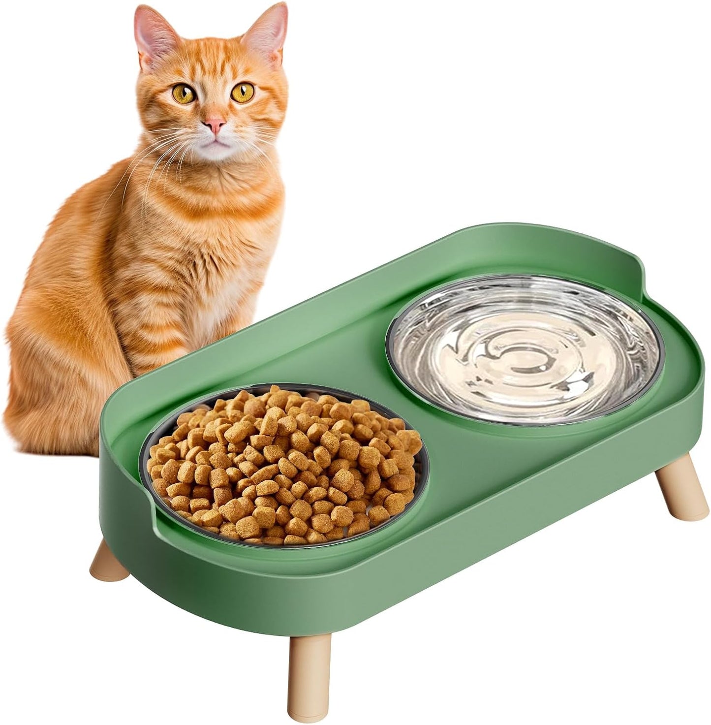 Elevated Cat Bowl, Raised Cat Food and Water Bowl Set for Indoor Cats, Splash Proof with 2 Stainless Steel Pet Food Bowls for Cats and Puppies, Whisker Fatigue and Dishwasher Safe - White