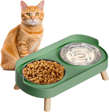 Elevated Cat Bowl, Raised Cat Food and Water Bowl Set for Indoor Cats, Splash Proof with 2 Stainless Steel Pet Food Bowls for Cats and Puppies, Whisker Fatigue and Dishwasher Safe - White