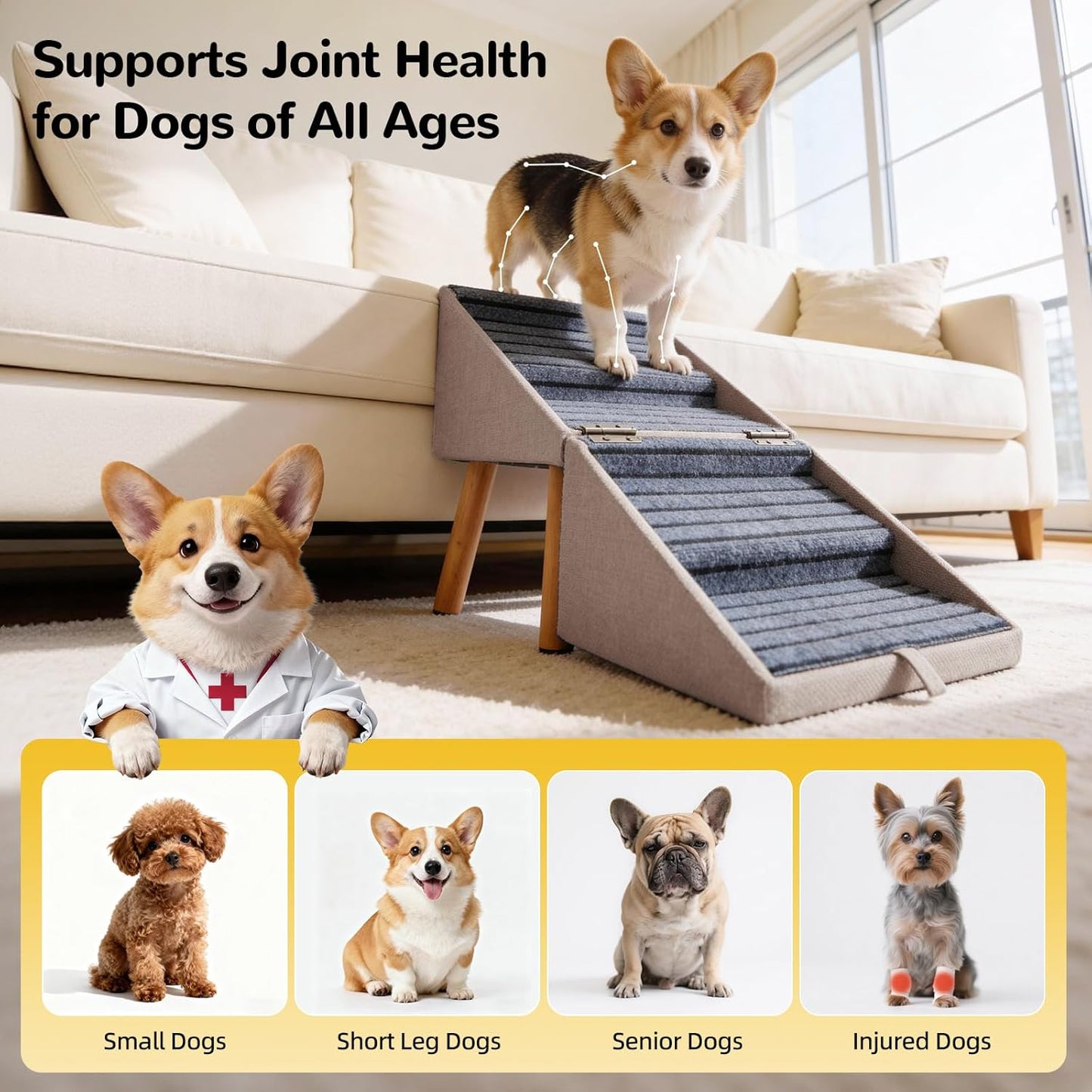 17.13" H Dog Stairs for Small Dogs, 2-in-1 Pet Steps & Ottoman - Foldable Dog Stairs for Couch, Non-Slip Wooden Pet Stairs for Puppy Senior Injured Dogs