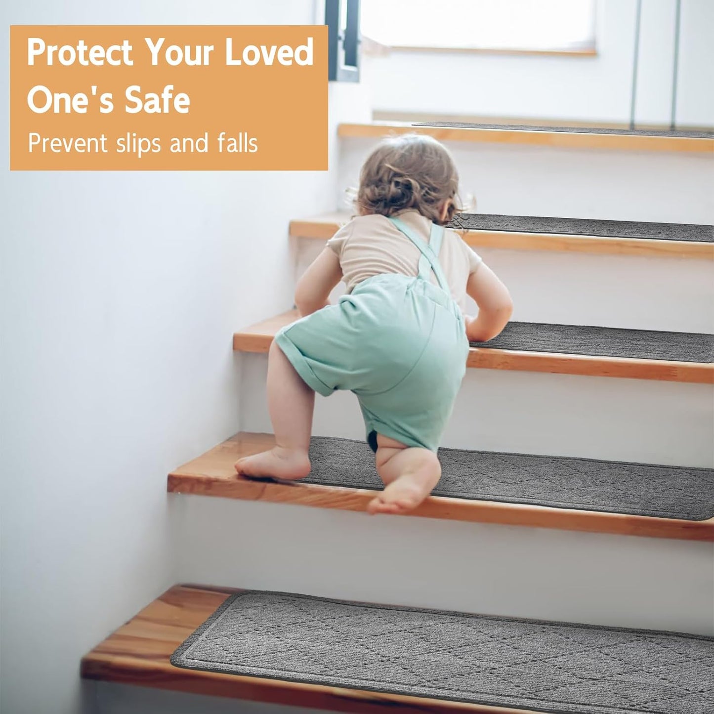 RIOLAND Carpet Stair Treads for Wooden Steps Indoor 9" x 36" Non Slip Stair Treads for Wood Stair with Reusable Adhesive, 15 Pack Peel and Stick Stair Runner for Kids Elders and Dogs, Diamond Gray