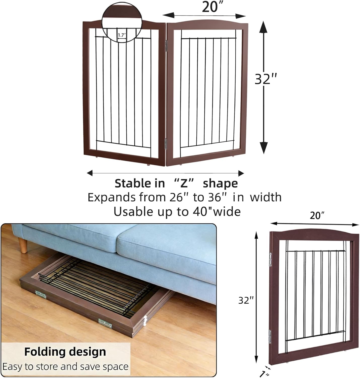 ZJSF Freestanding Foldable Dog Gate for House Extra Wide Wooden White Indoor Puppy Gate Stairs Doorways Pet Gate Tall Dog Fence 3 Panels Fence