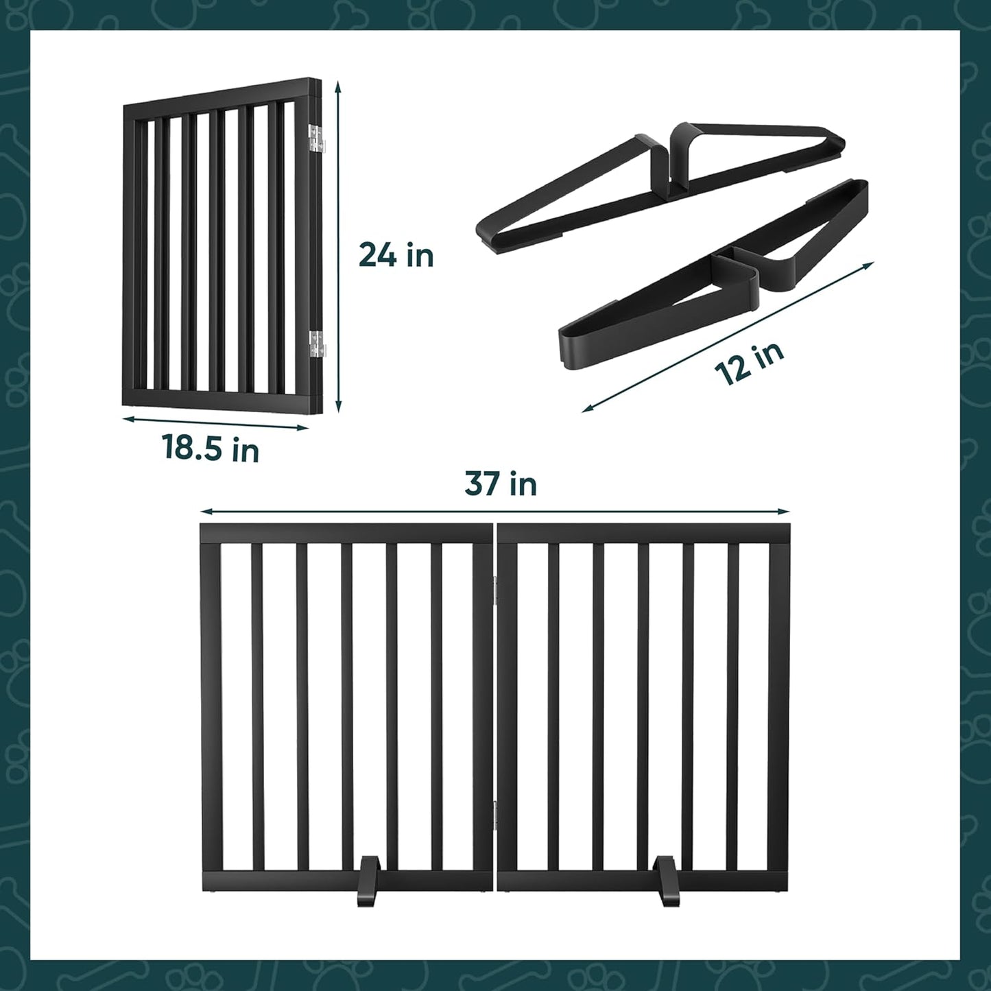 Freestanding Dog Gates Indoor, 3-Panel Pet Gates with 2 Metal Stands and 360° Hinge, 24" H Foldable Dog Gate for Stairs, Doorway, Kitchen, Expands Up to 55" Fully Assembled - Black Walnut