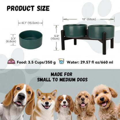 Raised Ceramic Dog Bowl Set - Elevated Double Dishes with Stainless Steel Stand - Food and Water Bowls for Small to Medium Dogs - Each Holds 3.5 Cups (29.57 fl oz) - White