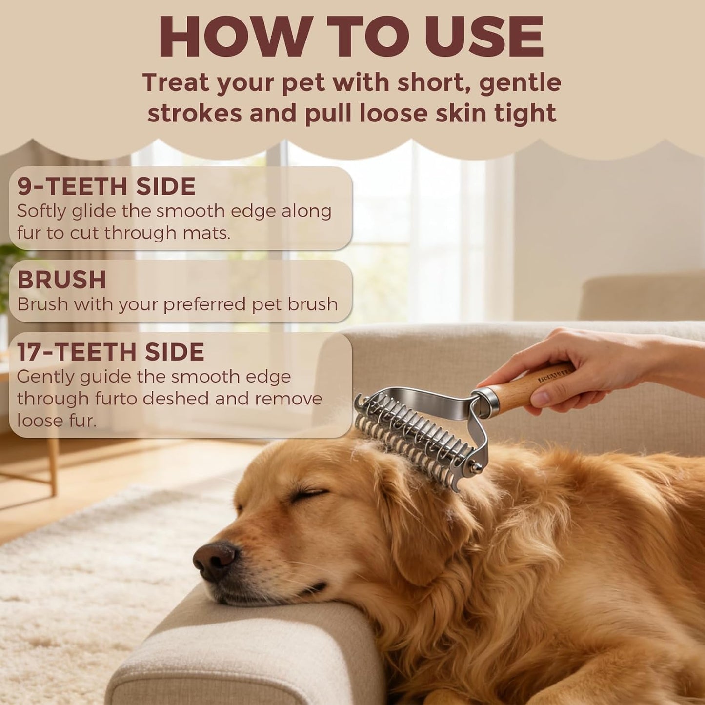 3-in-1 Professional Pet Shedding Dematting Comb - Deshedding Undercoat Rake for Dogs with Stainless Steel Blades Metal Pet Brush with Wood Handle Matted Hair Detangling Thinning and Shedding
