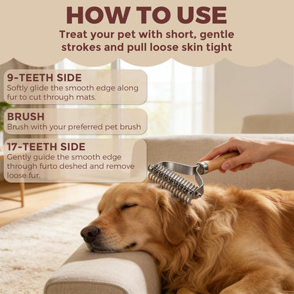3-in-1 Professional Pet Shedding Dematting Comb - Deshedding Undercoat Rake for Dogs with Stainless Steel Blades Metal Pet Brush with Wood Handle Matted Hair Detangling Thinning and Shedding