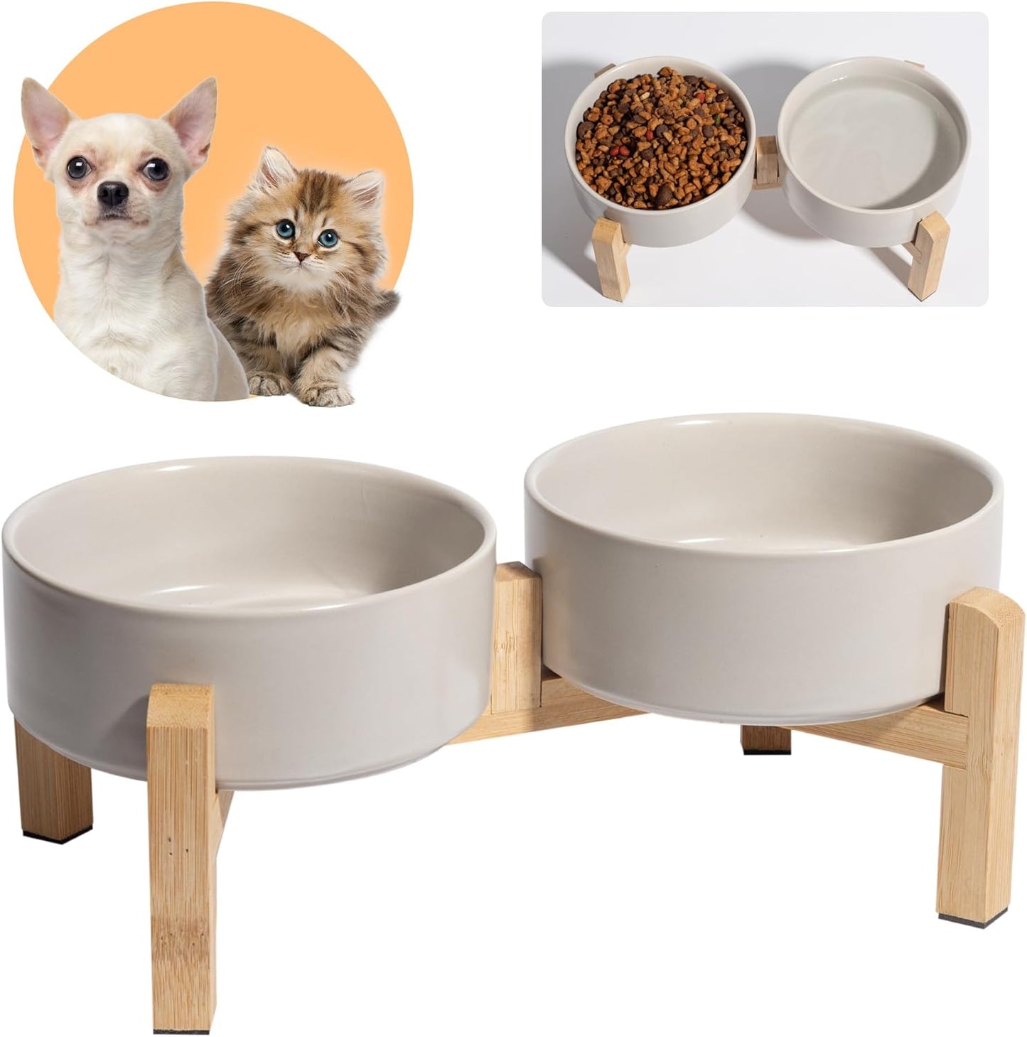 Elevated Ceramic Dog Bowl Set - Raised Dog Bowls with Non-Slip Bamboo Stand - Dog Food and Water Bowl Set - Double Dog Feeding Bowls - Suitable for Small and Medium Dogs - 28.74 OZ - 3.6 CUPS - 850 ML