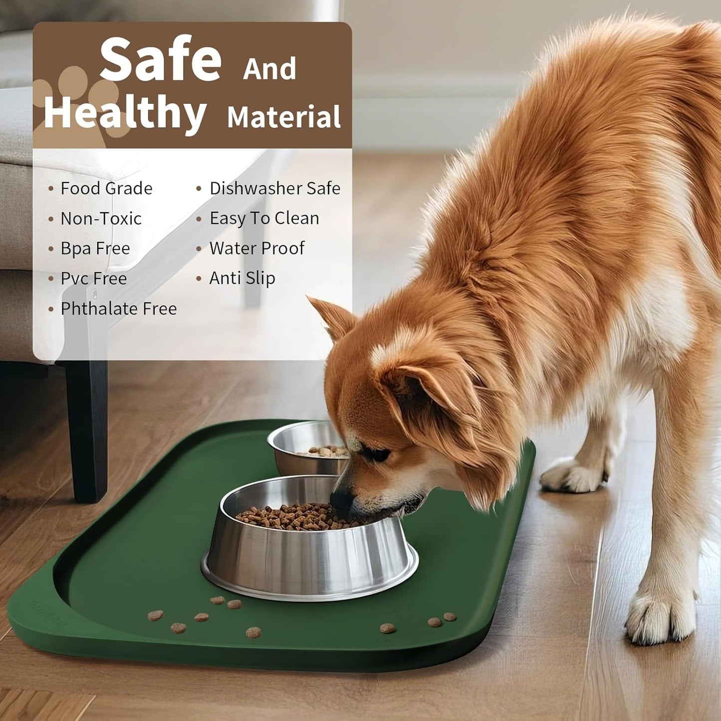 Smilool Silicone Pet Food Mat with Raised Edge for Food and Water Bowl, Dog Feeding Mats, Cat Food Trays for Floor Waterproof, Rubber Tray for Dogs and Cats, 19 x 12 x 0.7 Dark Brown