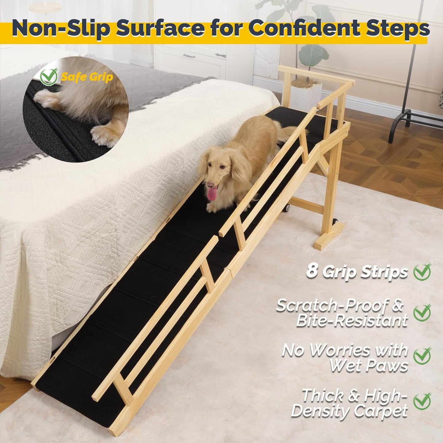 Dog Ramp for Bed or Couch, Wooden Pet Ramp with 20° Gentle Slope, Removable Side Rails, Non-Slip Surface, Top Platform & Wheels, Safe Bed Ramp for Small, Large & Senior Dogs, 60" Long, Mahogany