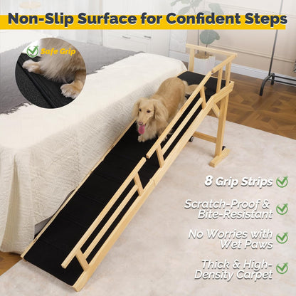 Dog Ramp for Bed or Couch, Wooden Pet Ramp with 20° Gentle Slope, Removable Side Rails, Non-Slip Surface, Top Platform & Wheels, Safe Bed Ramp for Small, Large & Senior Dogs, 60" Long, Mahogany