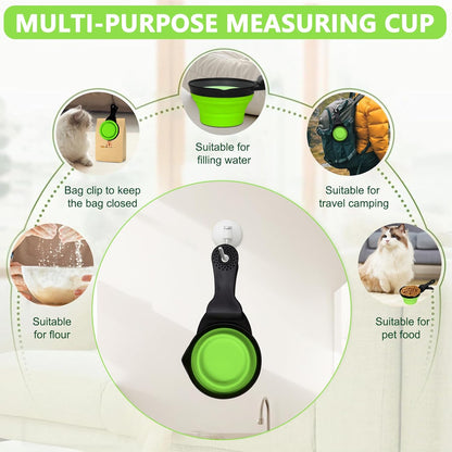 Collapsible Dog Food Scoop Foldable Pet Food Bag Clip 3 in 1 Multi-function Silicone Cat Food Measuring Cup Scoop Dog Food Scooper Pet Food Storage Clip (Green, 1 Cup Capacity(1 Pack))