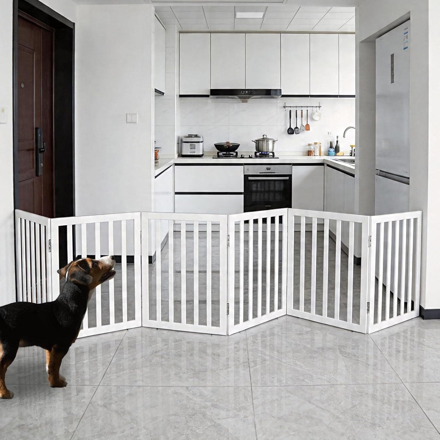 Dog Gate Indoor, Freestanding Dog Fence for The House, Doorways, Hallways,or Stairs,Pet Gate Foldable Wooden,Expandable 24" Height 3 Panels,White