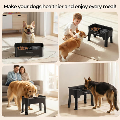 URPOWER Mess Proof Elevated Dog Bowls 4 Height Adjustable Raised Stand with No Spill Water Bowl and Slow Feeder Dog Bowls Non-Slip Food and Water Bowl Set for Small, Medium & Large Dogs