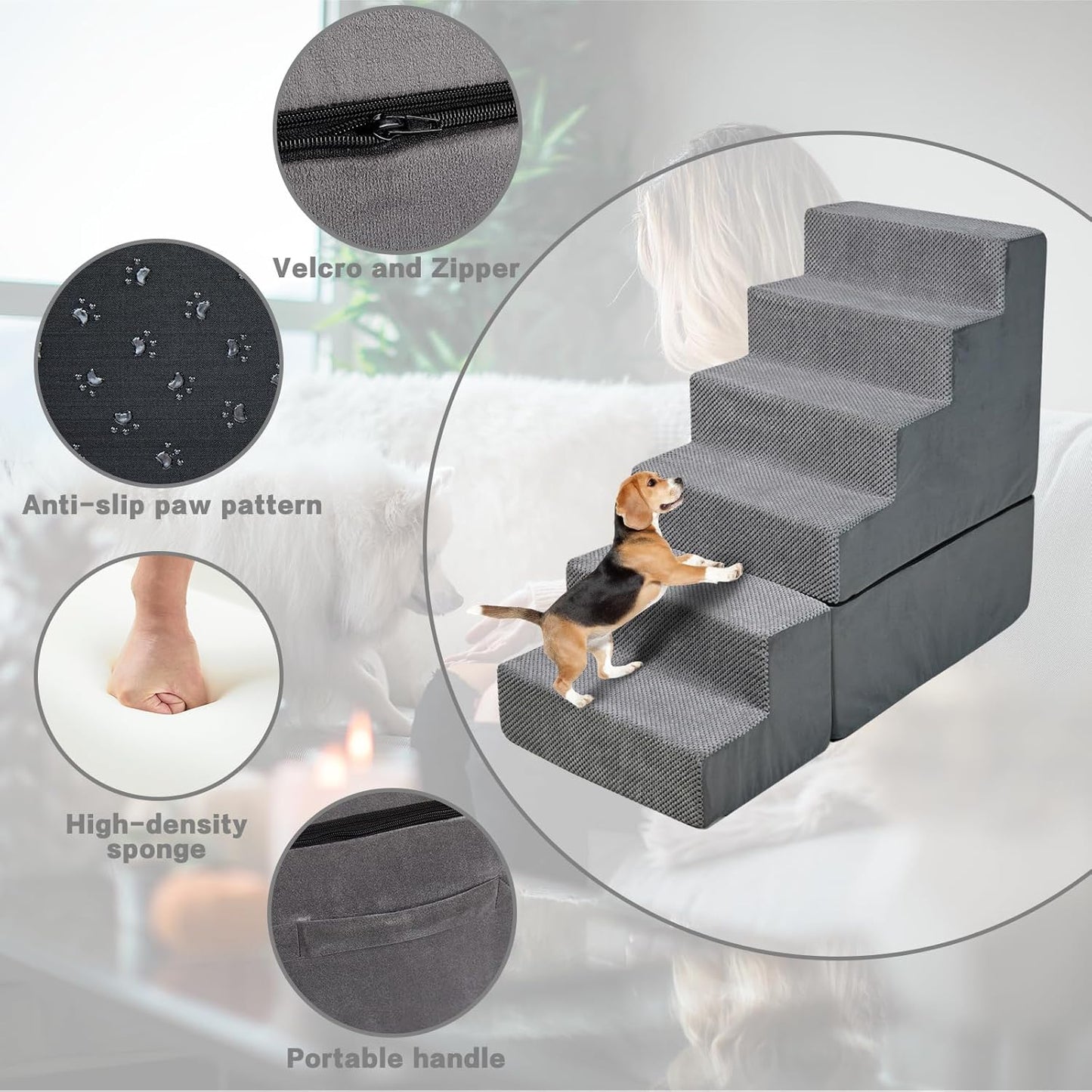 Dog Stairs for High Beds 30-36 inches Tall, 6-Step Dog Steps for Bed 32-36 inches for Small Large Dogs, Doggie Ramp for Bed, 30D Foam Pet Stairs for Old Dogs/Cats, Free-Installation, Grey