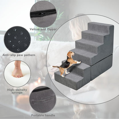 Dog Stairs for High Beds 30-36 inches Tall, 6-Step Dog Steps for Bed 32-36 inches for Small Large Dogs, Doggie Ramp for Bed, 30D Foam Pet Stairs for Old Dogs/Cats, Free-Installation, Grey
