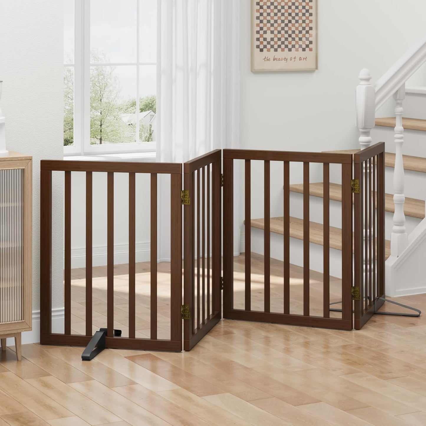 Freestanding Foldable Dog Gate - 4 Panel Room Divider with Metal Support Feet (Black)