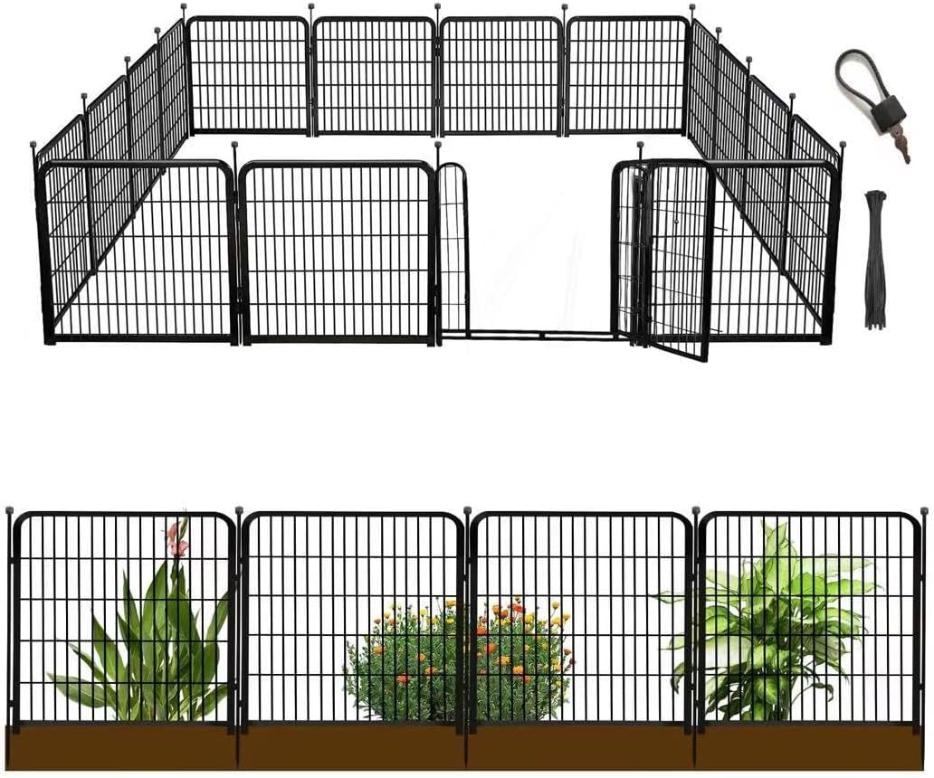Getlay 36 in(H) Garden Fence, Wide Gate Low Threshold, 10 Panels Total 22.1 Ft(L) Heavy Duty Iron Animal Barrier Fence for Yard,Suitable for Indoor Or Outdoor Dog Fencing,Garden Border Fence