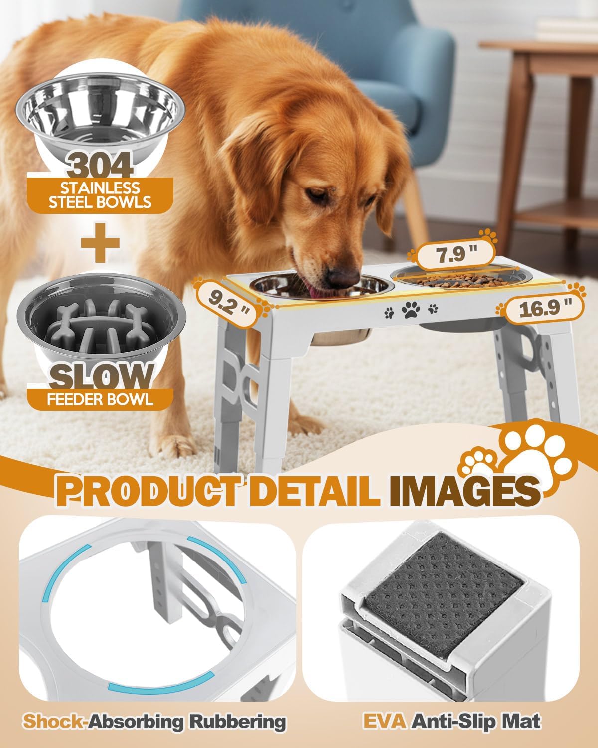 Jovrun Elevated Dog Bowls for Small Dogs and Cats, Non-Slip Cat Bowls with 2 Thick 5.5" Stainless Steel Dishes, Dog Feeder 2 Heights Adjustable to 2.6"-5.3"