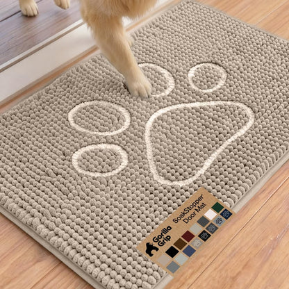 GORILLA GRIP SoakSTOPPER Dog Door Mat, 30x20 Machine Washable Rug Absorbent Doormat Captures Moisture Mud Dirt, Quick Dry Soft Chenille Entryway Rugs Indoor Entrance Mats for Dog Paws, Paw Grey