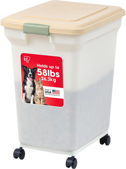 IRIS USA Airtight Dog Food Storage Container, WeatherPro, Up to 40 lbs, Removable Wheels, for Dog Cat Bird and Other Pet Food Storage Bin, Keep Fresh, Translucent Body, Made in USA, Smoke/Black