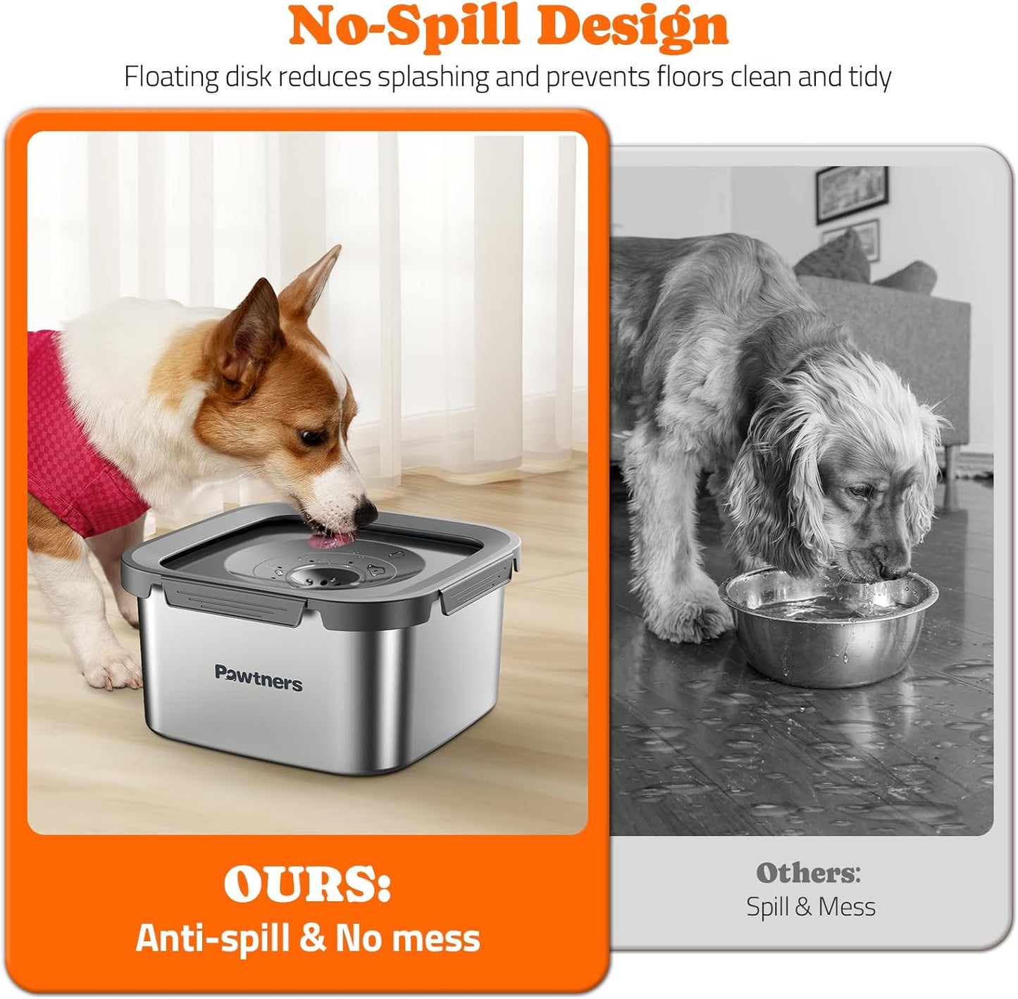 Pawtners All Stainless Steel Dog Water Bowl No Spill,135oz Anti-Splash Dog Bowl with Non-Slip Base, Spill Proof for Medium Large Messy Drinkers, Slow Drinking, Slobber Stopper,Easy to Clean