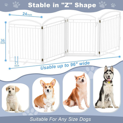 Full Metal Free Standing Dog Gate with Door for Indoor & Outdoor,96'' Extra Wide 32'' Tall Dog Gate for The Doorways,Large Openings,Decks,Porch,Pet Freestanding Safety Fence(4 Panels,Black)