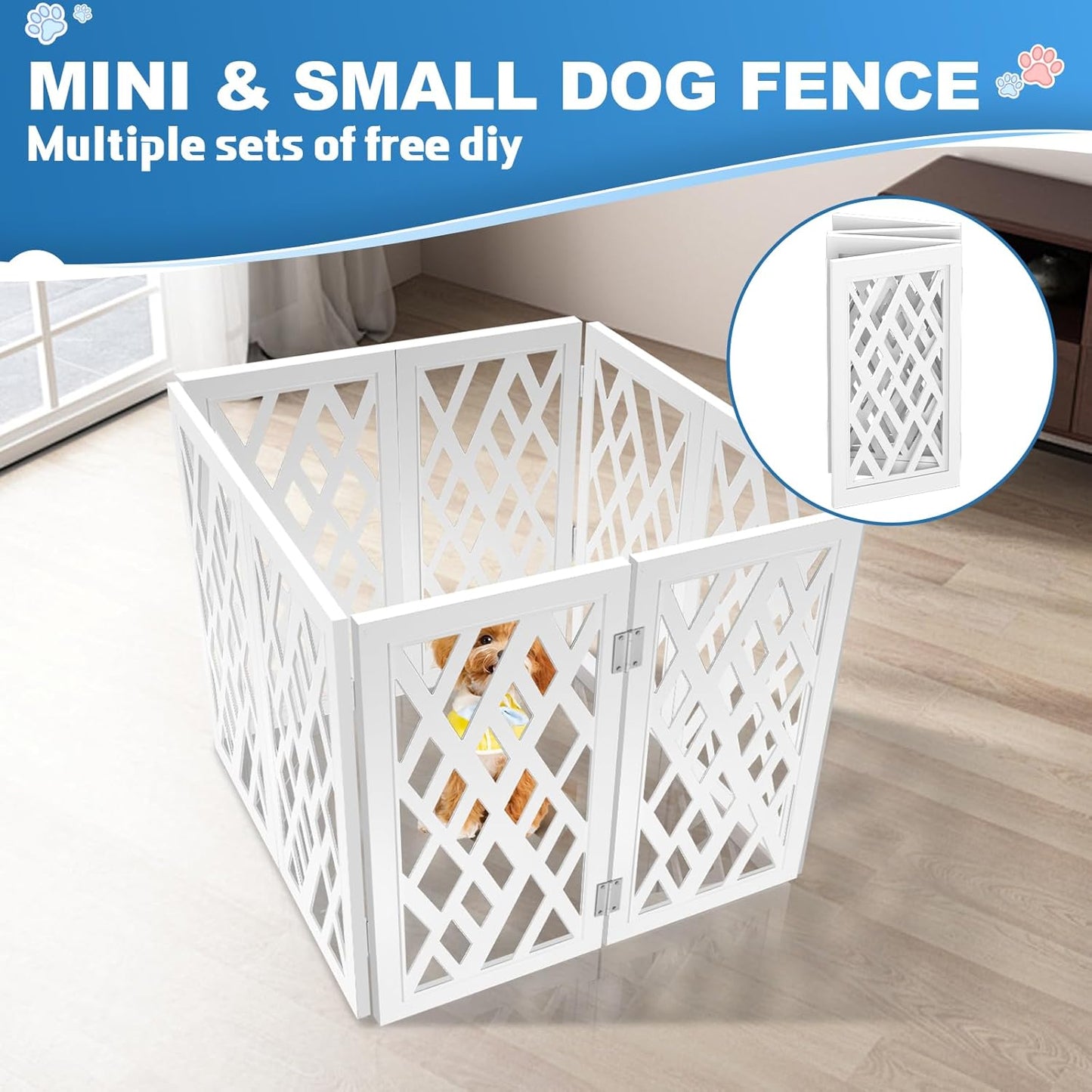 Cut-Out Design 16" Short Dog Gate for Small Dogs, Foldable Retractable Puppy Gate Indoor - Freestanding Lightweight Pet Barrier for Doorways, Stairs, Hallways (Extends to 41", White)