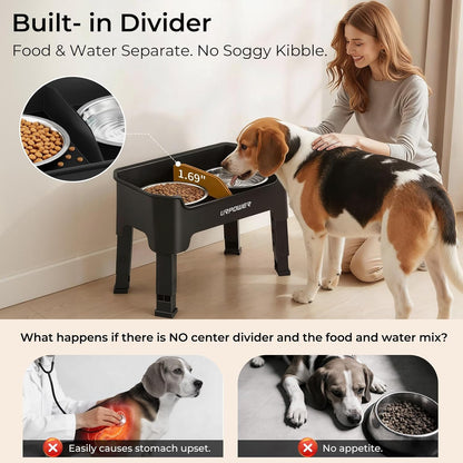 URPOWER 3-in-1 Elevated Dog Bowls - Mess Proof Double Deck 4 Height Adjustable Raised Stand with 2 Stainless Steel Food Bowls & Licking Plate for Small, Medium & Large Dogs