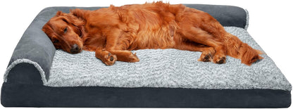 Furhaven Memory Foam Dog Bed for Large Dogs w/ Removable Bolsters & Washable Cover, For Dogs Up to 95 lbs - Two-Tone Plush Faux Fur & Suede L Shaped Chaise - Espresso, Jumbo/XL