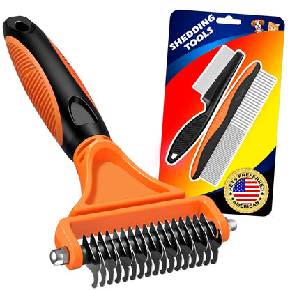 3PCS Pet Grooming Rake & Metal Comb & Flea Comb for Cats and Dogs, Double-Sided Dematting Tool, Extra-Wide Deshedding Dog Brush for Long Hair to Effectively Remove Tangles, Knots and Mats (Blue)