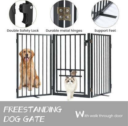 Metal Freestanding Dog Gate with Cat Door for Outdoor Indoor,80" Extra Wide Foldable Pet Fence,30" Tall Dog Gate for Large Opening,Stairs,Hallways,Doorways,Deck,Yard,with 3PCS Support(4 Panels,Black)