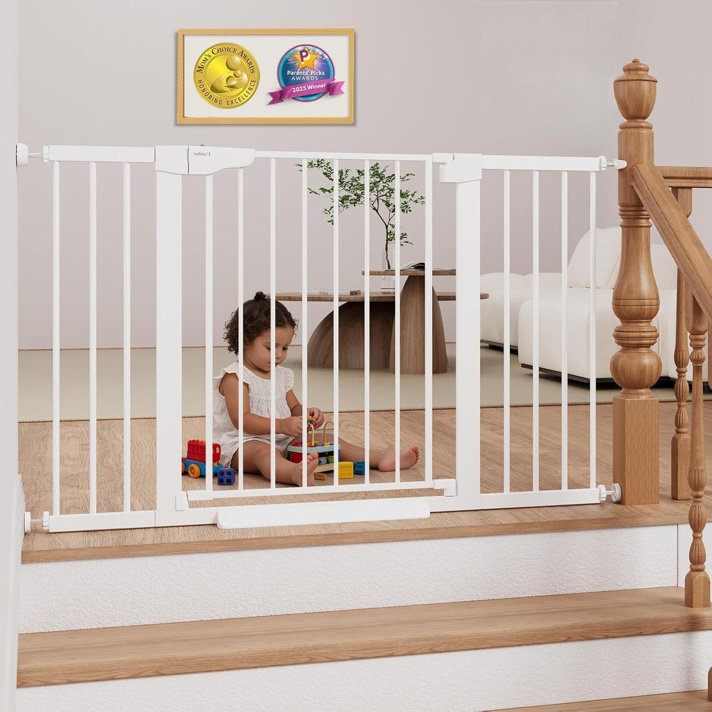 Cumbor 36.6-64" Extra Wide Baby Gate for Stairs, Dog Gates for Doorways, Auto-Close Pet Gate Indoor, Pressure Mounted Walk Through Safety Child Gate for Kids Toddler, Tall Pet Puppy Fence Gate, Brown