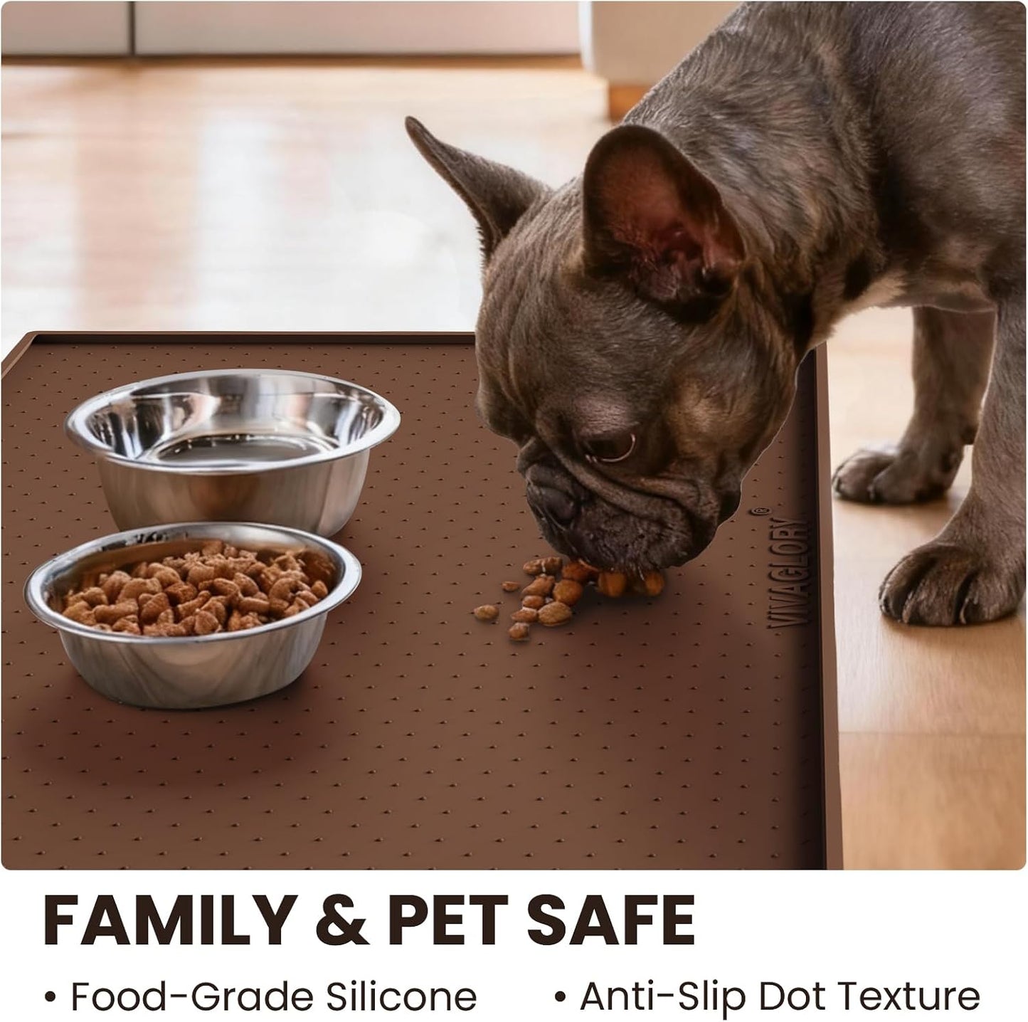 VIVAGLORY Dog Bowl Mat Grippymat Pet Food Mat, Waterproof Washable Nonslip Silicone for Pet & Cat, Food and Water Placemat with Lip & Raised Edges for Indoor Floor, S, Grey