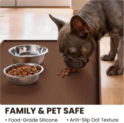 VIVAGLORY Dog Bowl Mat Grippymat Pet Food Mat, Waterproof Washable Nonslip Silicone for Pet & Cat, Food and Water Placemat with Lip & Raised Edges for Indoor Floor, S, Grey