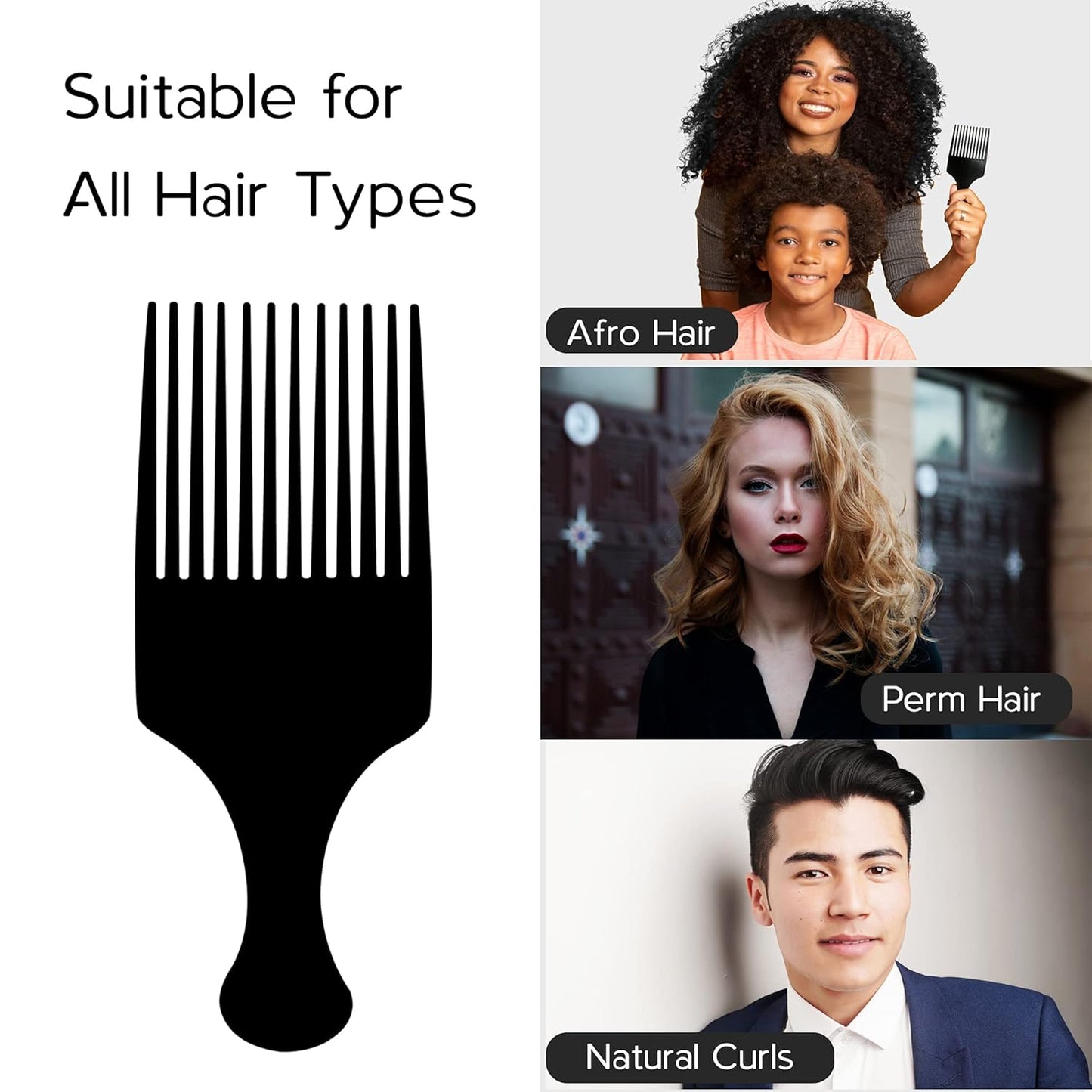 Boorika Afro Hair Pick Comb for Women & Men, 7.5 In Smooth Sturdy Wide Tooth for Detangling & Styling - Pack of 2