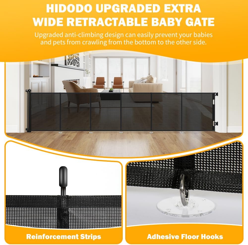 47” Extra Tall Retractable Baby Gate, Reinforced Mesh Dog Gate Extends to 71" Wide, Baby Gate for Stairs, Doorways, Hallways, Indoor and Outdoor, Black