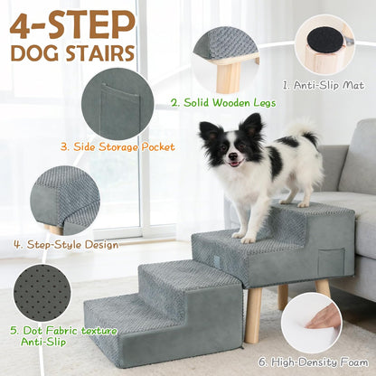 Dog Stairs for Small Dogs and Cats, 4-Step Dog Ramp for Couch and Bed, Foldable 2-in-1 Wooden Pet Steps for Puppy, Split Ottoman Design, Beige