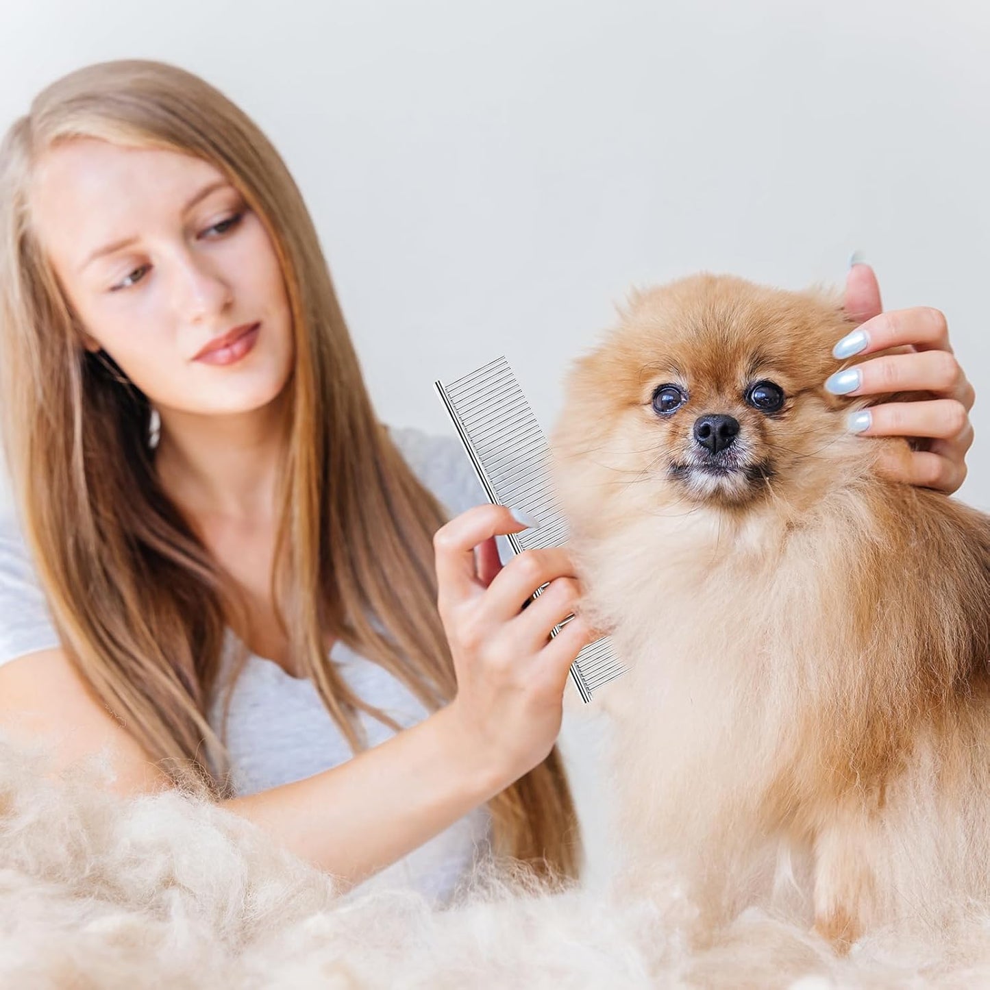 PETTOM Pet Steel Grooming Tool Poodle Finishing Butter Comb 7 1/2-inch L Silver Dog Combs with Rounded Ends Stainless Steel Teeth, Cat Comb for Removing Tangles and Knots