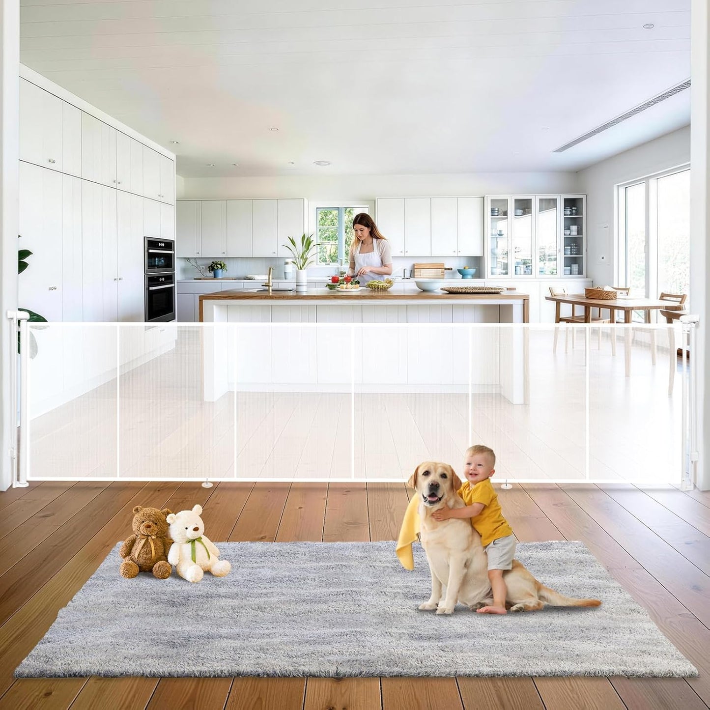 275" Retractable Baby Gates Dog Gate Extra Wide, 52" Tall Child Pet Safety Gate with Reinforced Strips for Stairs, Long Mesh Garage Gates Fence for Outdoor Indoor Large Openings Driveway Decks Patio