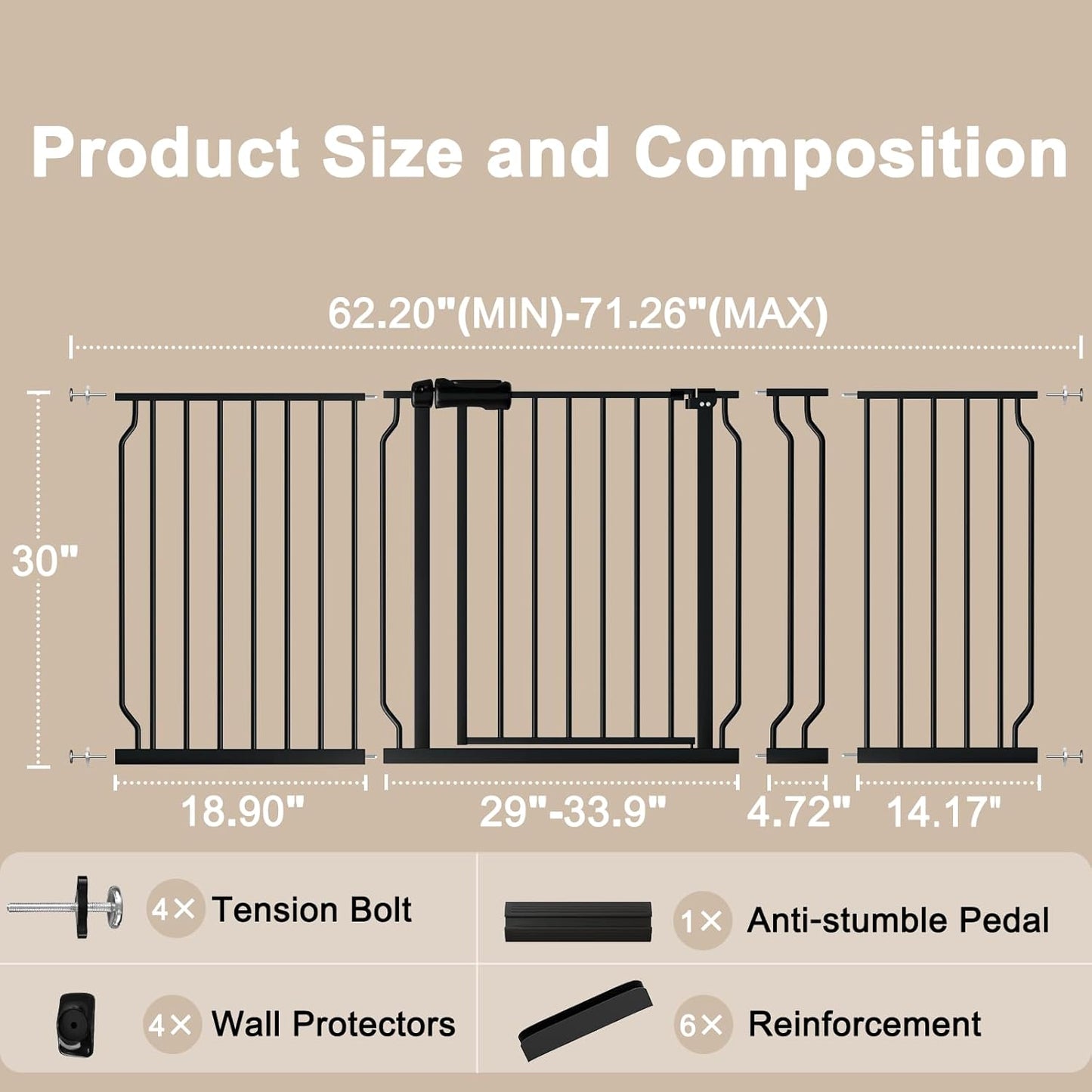 WAOWAO Baby Gate 71.65-85.03" Extra Wide Pressure Mounted Walk Through Swing Auto Close Safety Metal Black Toddler Kids Child Dog Pet Puppy for Stairs,Doorways,Kitchen