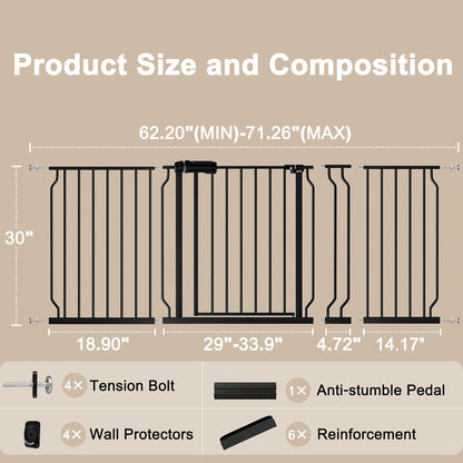 WAOWAO Baby Gate 71.65-85.03" Extra Wide Pressure Mounted Walk Through Swing Auto Close Safety Metal Black Toddler Kids Child Dog Pet Puppy for Stairs,Doorways,Kitchen