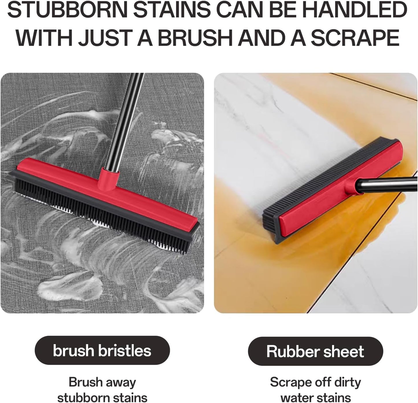 Pet Hair Rubber Broom with Squeegee for Carpet,Fur Remover Broom Carpet Rake for Pet Hair Removal, with 50" Long Handle, Dual-Sided for Hardwood Floor, Tile,Portable Detailing Lint Brush