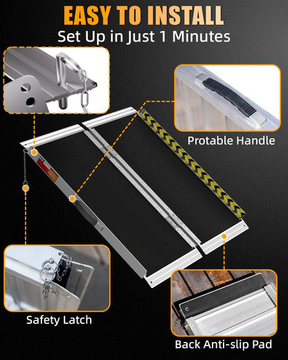 VNN Portable Wheelchair Ramp 4FT, Non-Slip Aluminum Ramps for Wheelchairs for Home, Handicap Wheelchair Ramps for Home Steps, Aluminum Loading Dock Plates, Doorways, Black