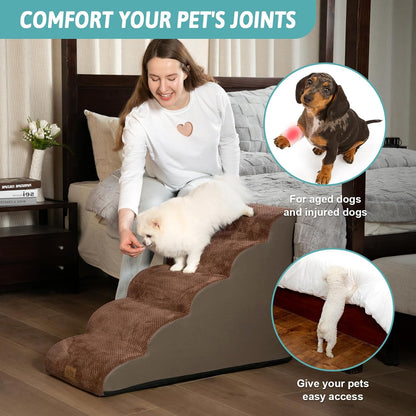 COZY KISS Dog Stairs for Small Dogs 15.7" H, Curved Dog Step for Puppy, Older Cat, Medium Pet Ramp for Sofa, Couch or Chair, Ladder with High Density Foam, 3 Step, 15.7x22.4x15.7 inch, Beige